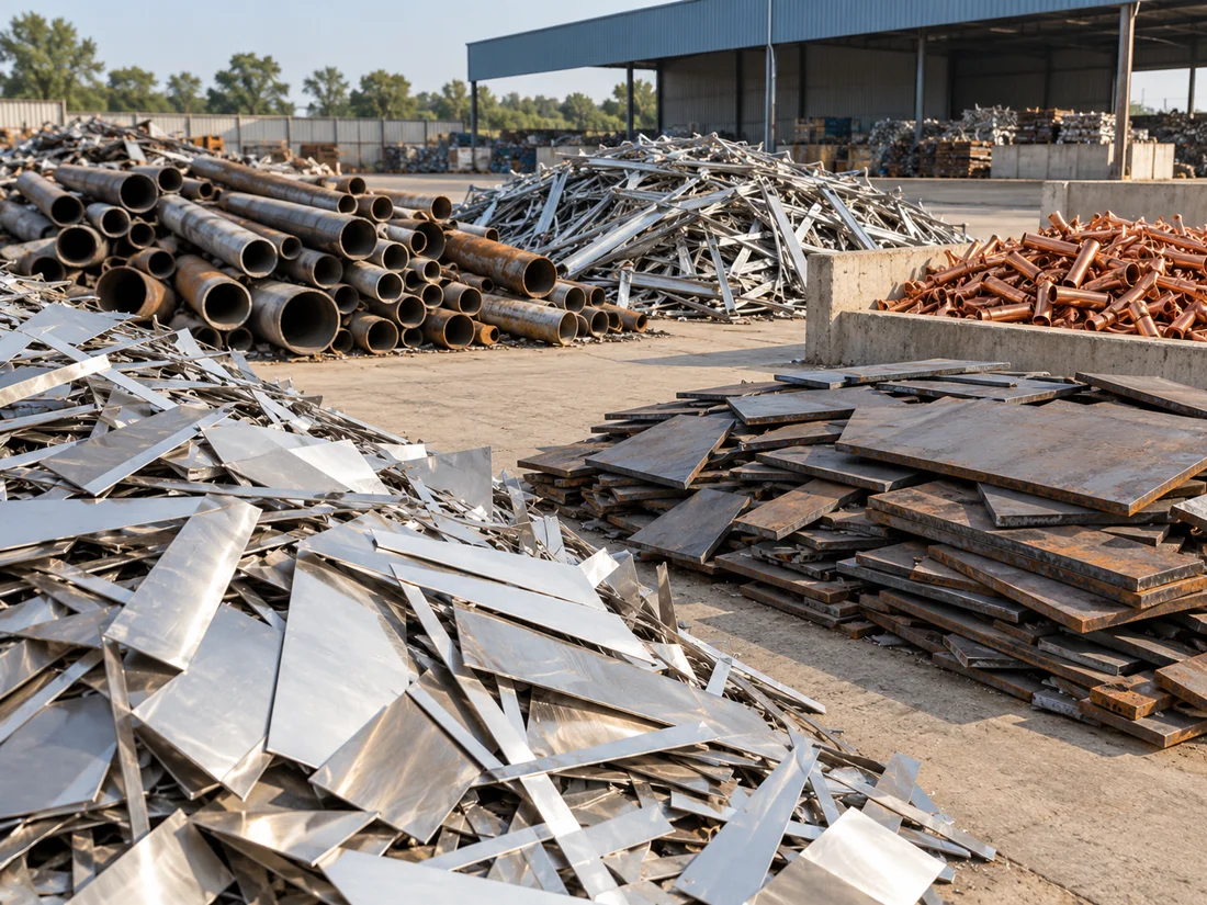 Separate piles of industrial scrap and metal offcuts